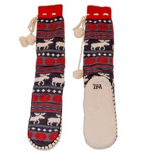 Moose patterned wool sock slippers in red and gray.