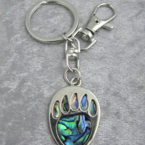 Bear paw abalone stone silver keychain.