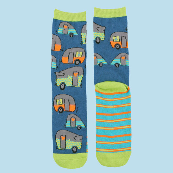 Camper pattern on a green and blue sock.
