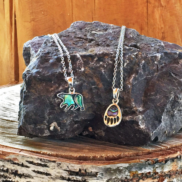 Bear necklaces with abalone stones. 