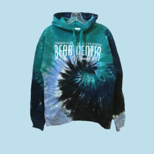 Kids blue tye dye hoody with North American Bear Center on the front.