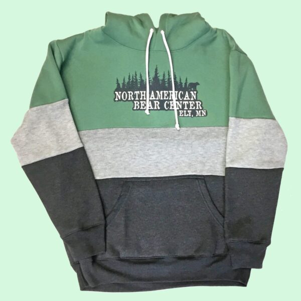 Green, gray, and dark gray striped adult hoody.