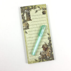 Mini stationery birdhouse designs with small green pen.