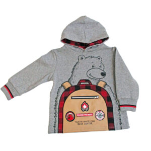 Gray hoody with red and black plaid accents. Bear with backpack that actually opens.