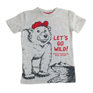 Gray bear youth shirt with red hat and Let's go Wild.