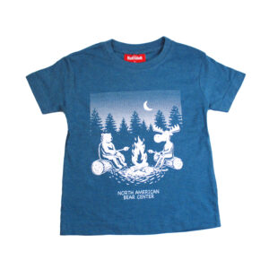Moose and Bear sitting around a campfire on a royal blue youth shirt.