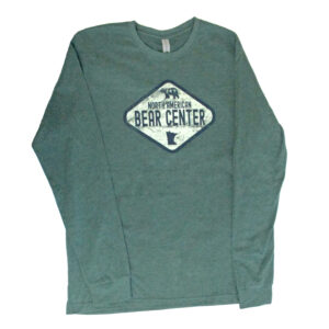 Green long sleeve adult shirt with North American Bear Center screen printed across the front in a diamond shaped label.