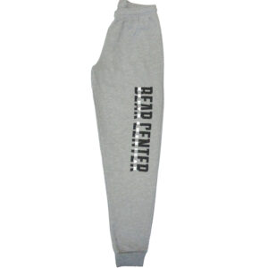 Light gray adult sweatpants with North American Bear Center in navy blue down the right leg.