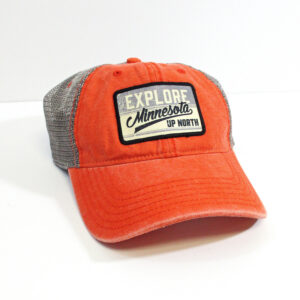Bright orange hat with gray mesh back and Up North patch on the front.