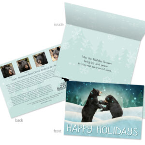 Two bears are playing in the snow on the front of this Christmas card.
