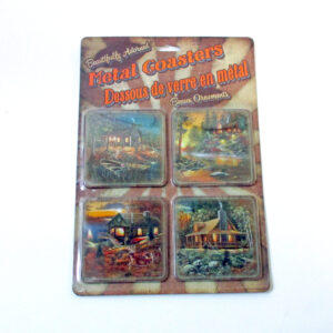 Pack of 4 metal coasters with cabin scene illustrations.