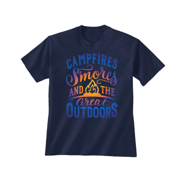 Night campfire scene is on the front of this adult shirt. Campfire, smores, and the great outdoors is written across the front.
