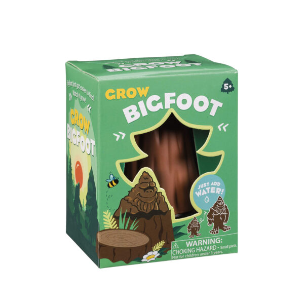 Box toy containing a tree stump that turns into a soft bigfoot after you put it in water.