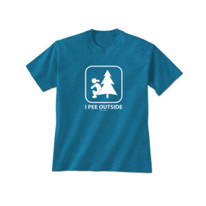 Teal colored adult shirt with a funny symbol of a girl peeing outside in the woods screen printed on the front.