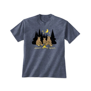 Blue adult shirt with 3 bears sitting around a campfire shirt.