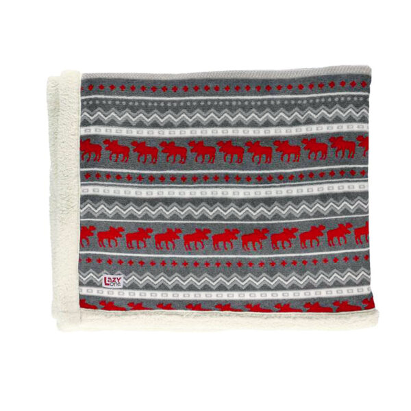 Soft fleece blanket with moose pattern in gray and red.