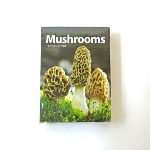 Pack of playing cards with different mushroom photos.