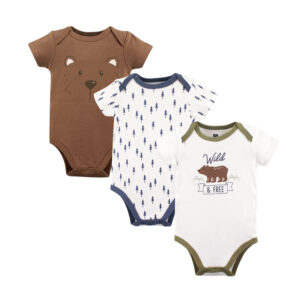 Set of 3 baby onesies in earth tone coloring with bear images.