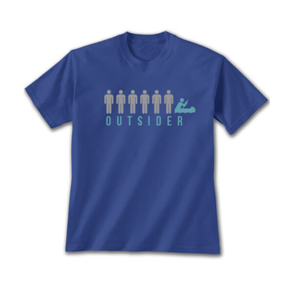 Dark blue adult shirt with people icons in gray and a canoe in blue screen printed on the front. Outsiders is written below.
