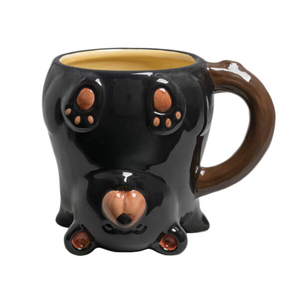Ceramic 12oz mug with a upside down black bear.