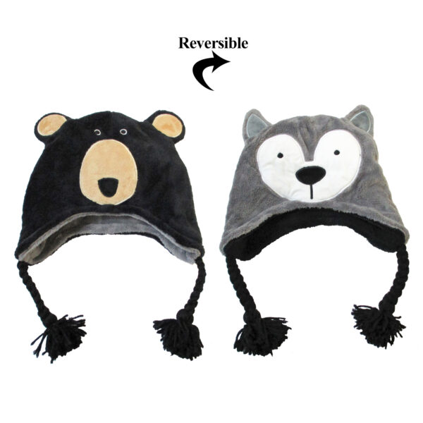 Reversible kids winter hat with one side being a black bear and the other a gray wolf.