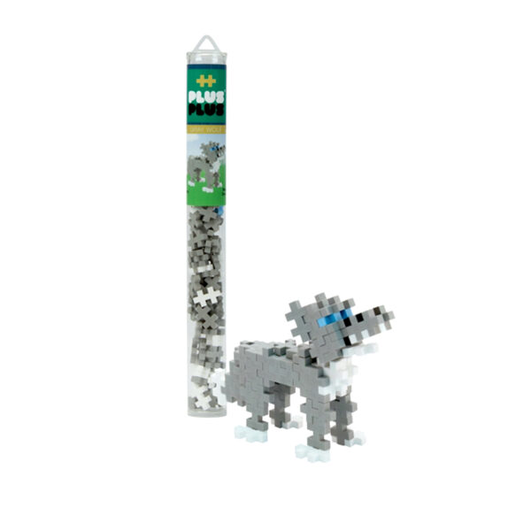 Tube container with pieces that make a toy gray wolf.